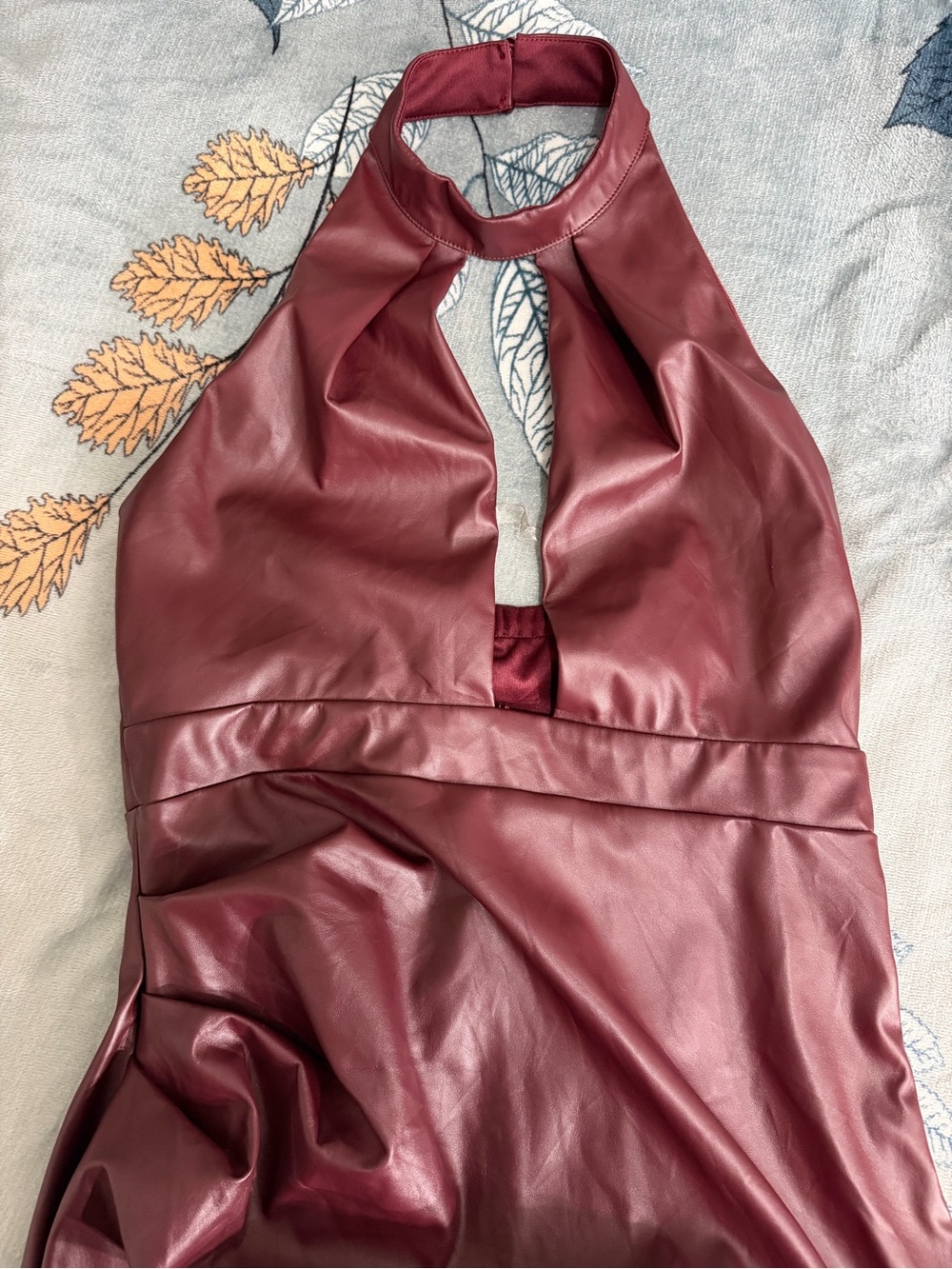Sleeveless Faux Leather Halter dress in Deep Wine